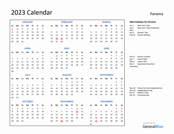 2023 Calendar with Holidays for Panama