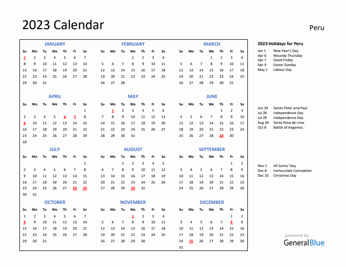 2023 Calendar with Holidays for Peru