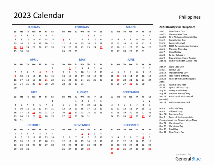 2023 Calendar with Holidays for Philippines