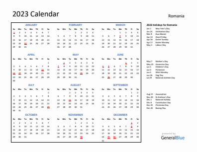 Romania current year calendar 2023 with holidays