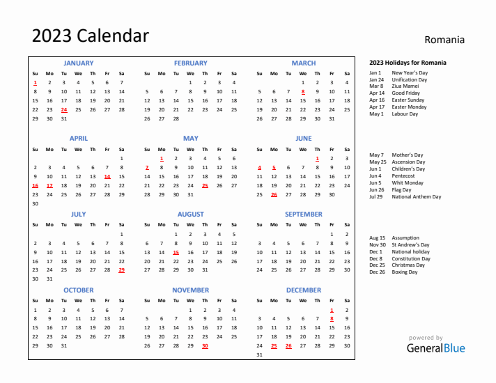 2023 Calendar with Holidays for Romania