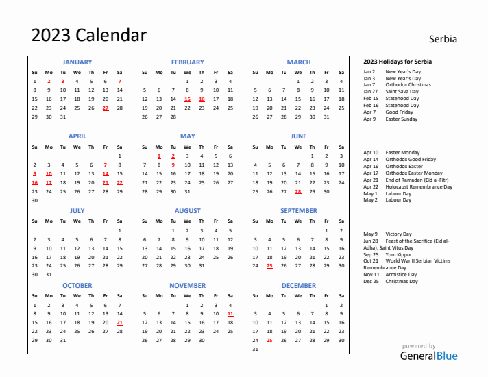 2023 Calendar with Holidays for Serbia