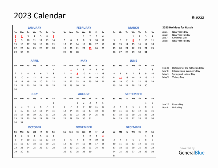 2023 Calendar with Holidays for Russia