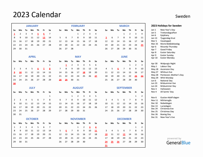 2023 Calendar with Holidays for Sweden