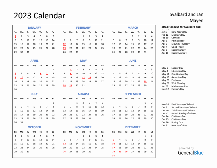2023 Calendar with Holidays for Svalbard and Jan Mayen