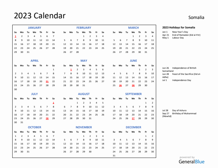 2023 Calendar with Holidays for Somalia