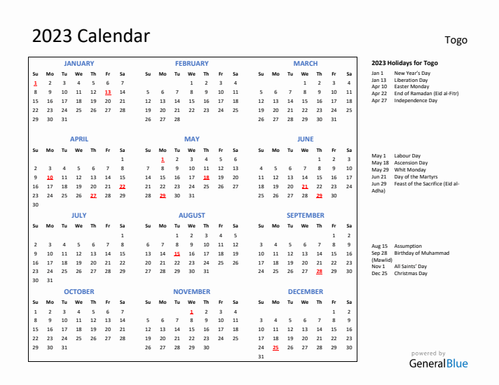 2023 Calendar with Holidays for Togo