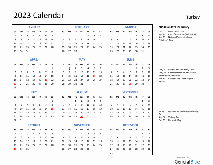 2023 Calendar with Holidays for Turkey