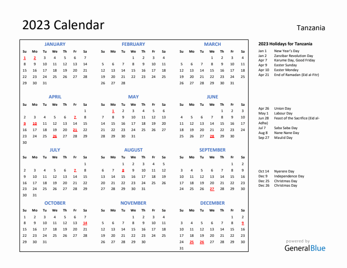 2023 Calendar with Holidays for Tanzania