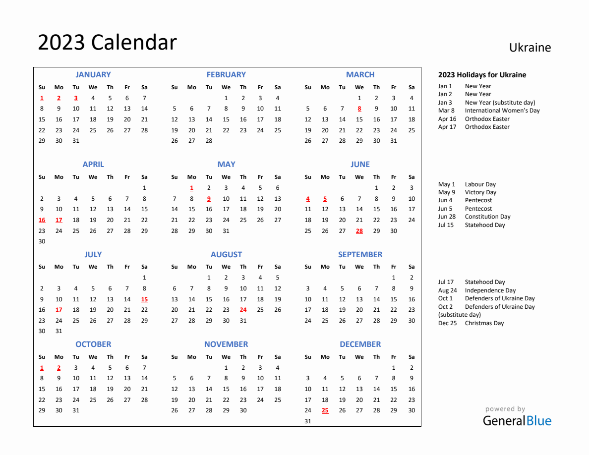 2023 Calendar with Holidays for Ukraine