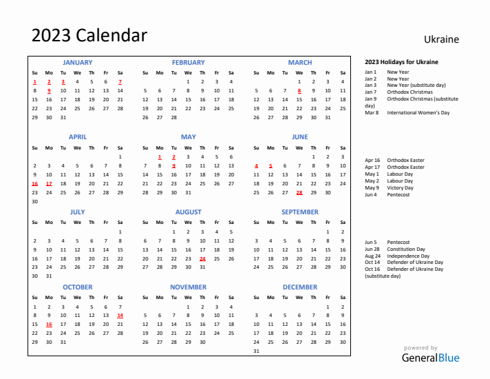 2023 Calendar with Holidays for Ukraine