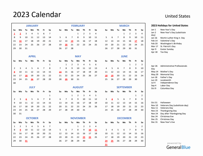 2023 Calendar with Holidays for United States