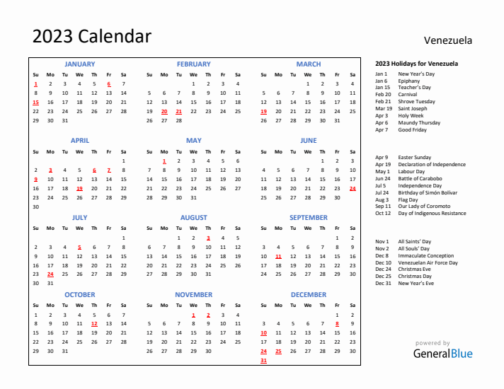 2023 Calendar with Holidays for Venezuela