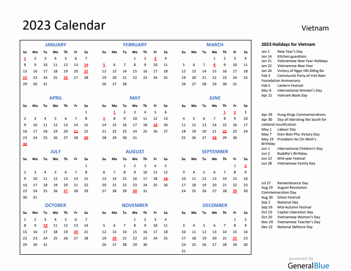 2023 Calendar with Holidays for Vietnam