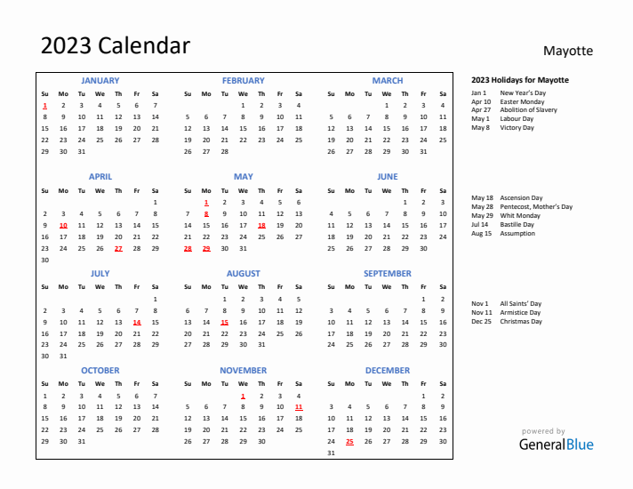 2023 Calendar with Holidays for Mayotte