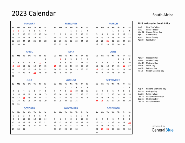 2023 Calendar with Holidays for South Africa