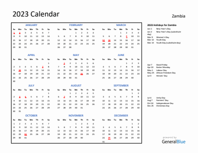 Zambia Calendars With Holidays