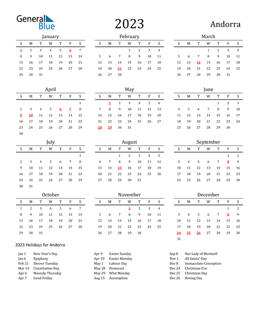 Andorra Holidays Calendar for 2023