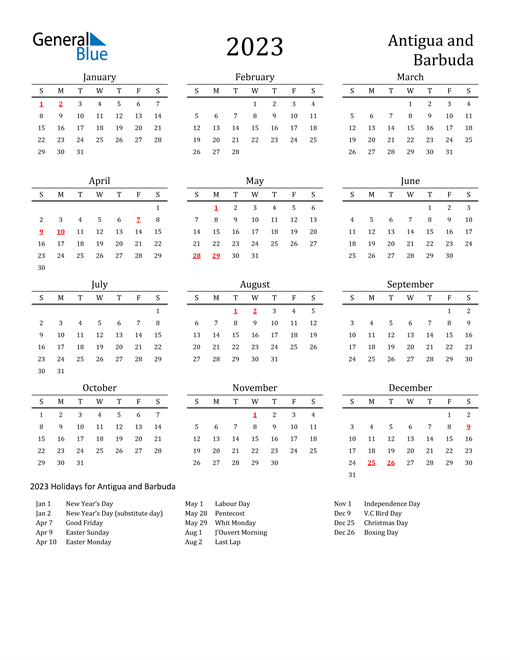 Antigua and Barbuda Holidays Calendar for 2023