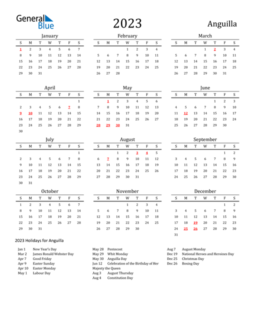 Anguilla Holidays Calendar for 2023