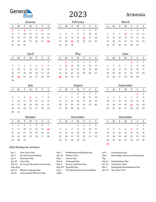 Armenia Holidays Calendar for 2023