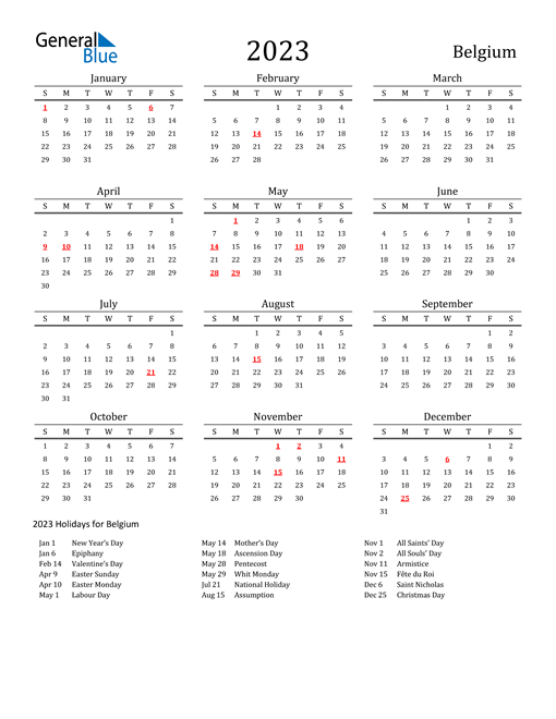 Belgium Holidays Calendar for 2023