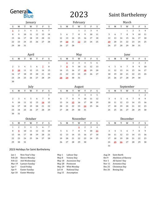 Saint Barthelemy Holidays Calendar for 2023