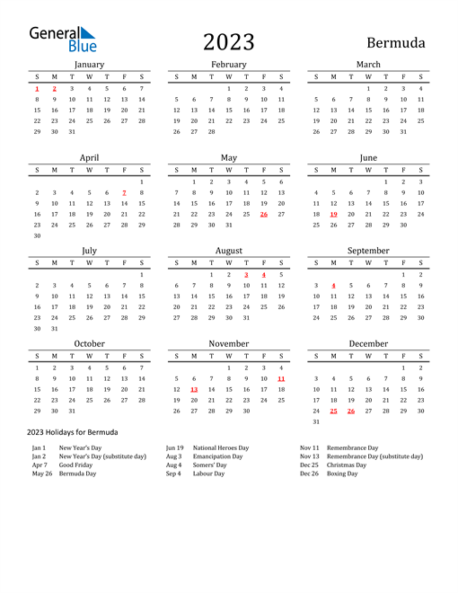 Bermuda Holidays Calendar for 2023