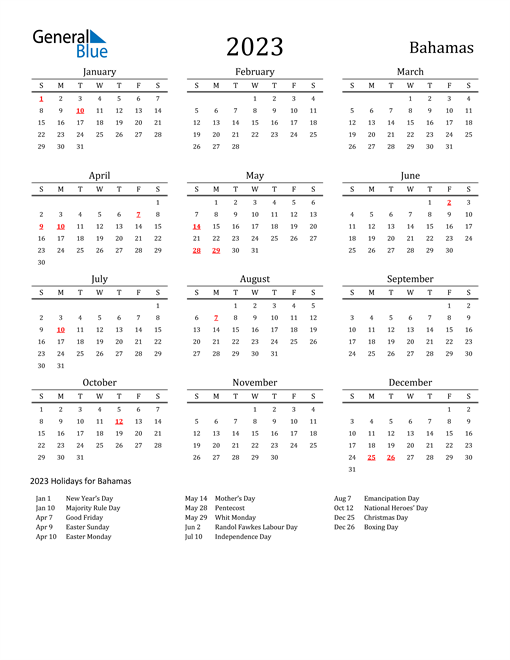 Bahamas Holidays Calendar for 2023