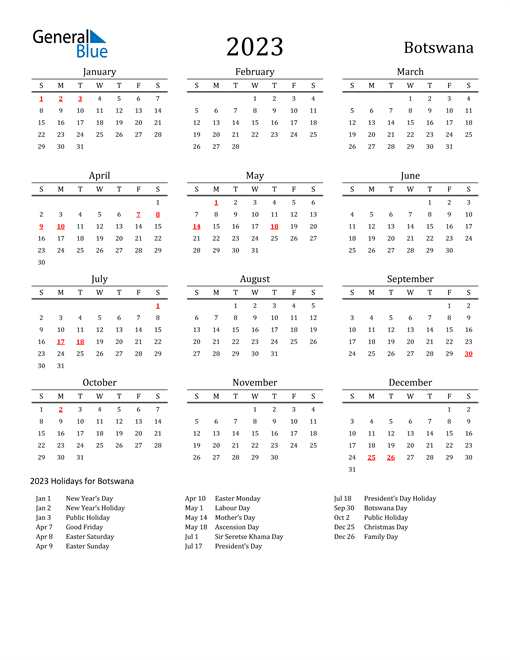 Botswana Holidays Calendar for 2023