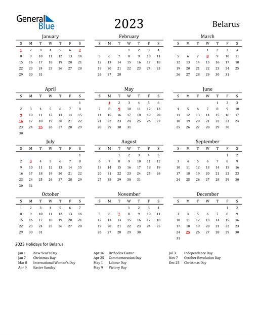 2023 Belarus Calendar with Holidays