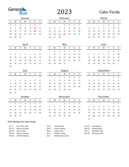 Cabo Verde Holidays Calendar for 2023