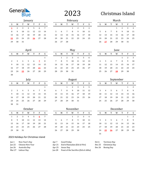Christmas Island Holidays Calendar for 2023