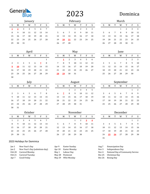 Dominica Holidays Calendar for 2023