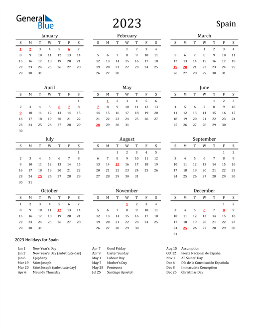 2023 Spain Calendar with Holidays