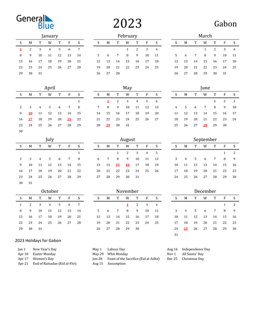 Gabon Holidays Calendar for 2023