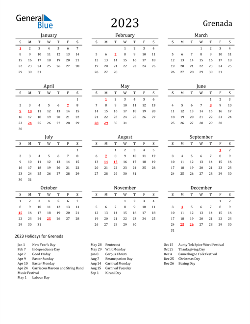 2023 Grenada Calendar with Holidays