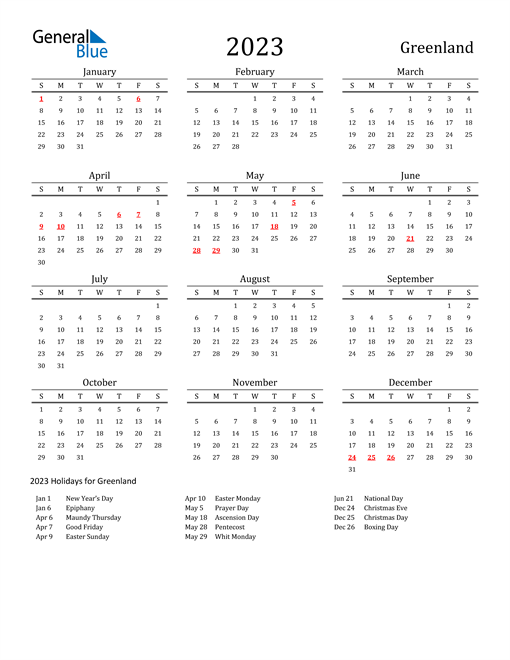 Greenland Holidays Calendar for 2023