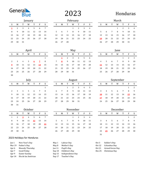 Honduras Holidays Calendar for 2023