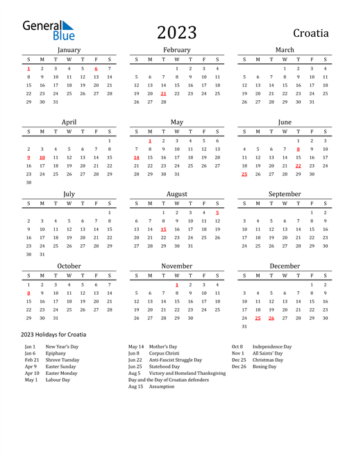 Croatia Holidays Calendar for 2023