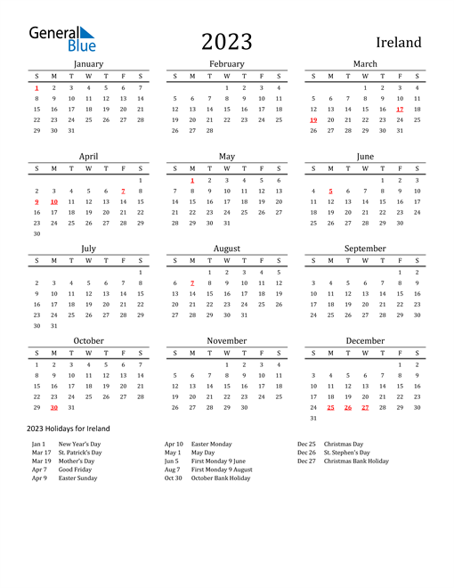 Ireland Holidays Calendar for 2023