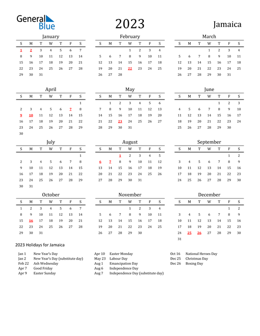 Jamaica Holidays Calendar for 2023