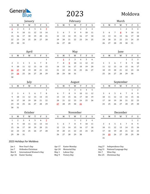 Moldova Holidays Calendar for 2023