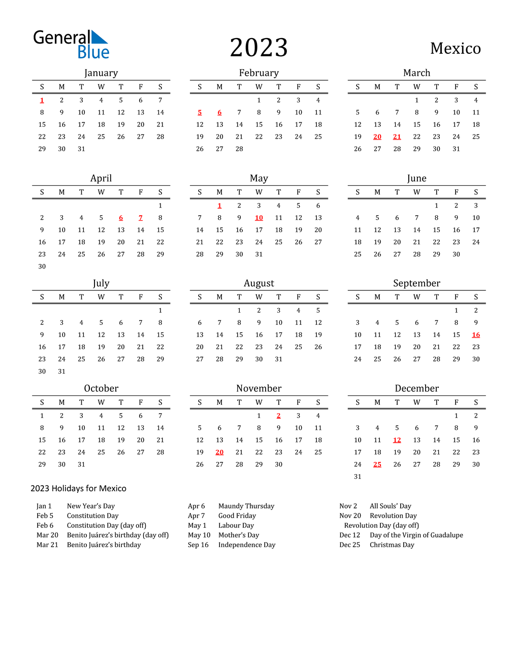 2023 Mexico Calendar with Holidays
