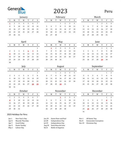 Peru Holidays Calendar for 2023