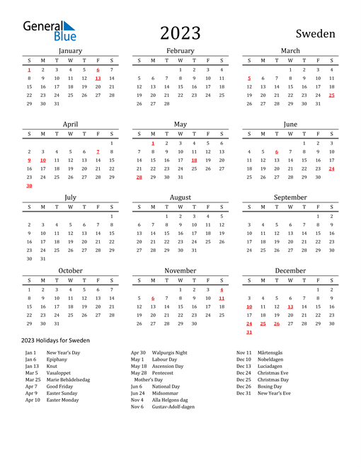 Sweden Holidays Calendar for 2023
