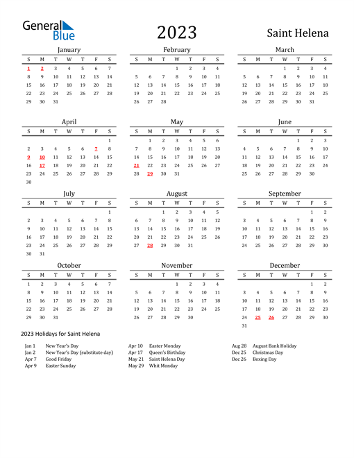 Saint Helena Holidays Calendar for 2023