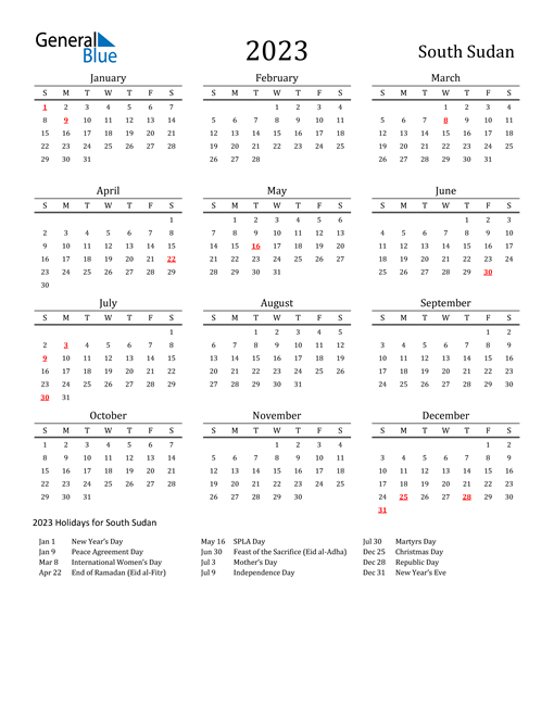 South Sudan Holidays Calendar for 2023