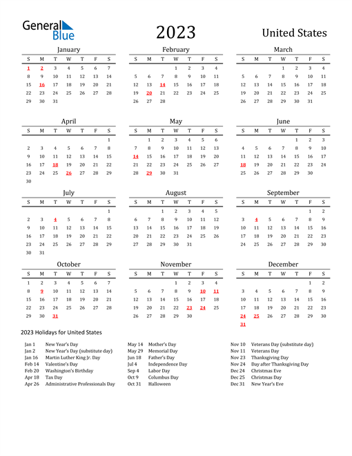 United States Holidays Calendar for 2023