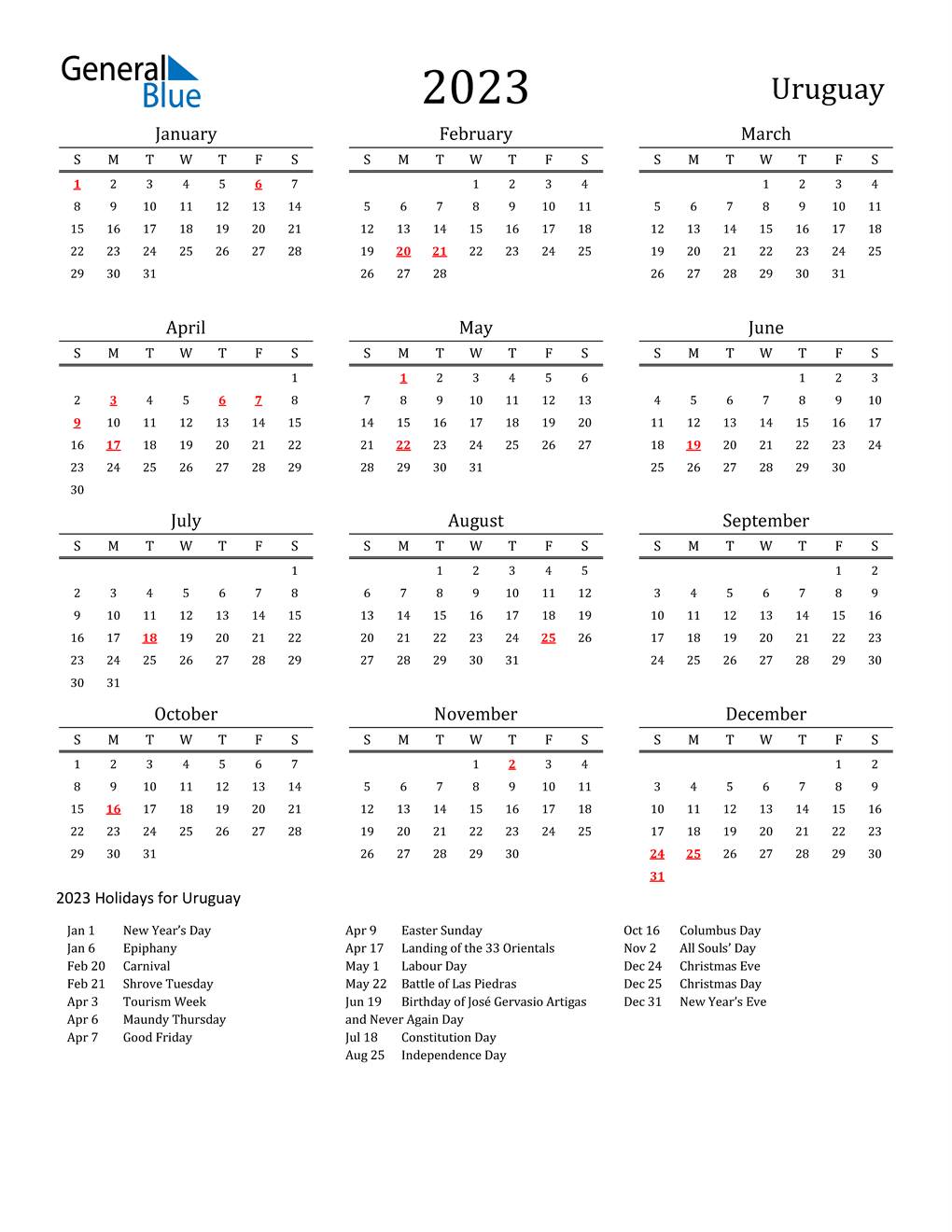 2023 Uruguay Calendar with Holidays